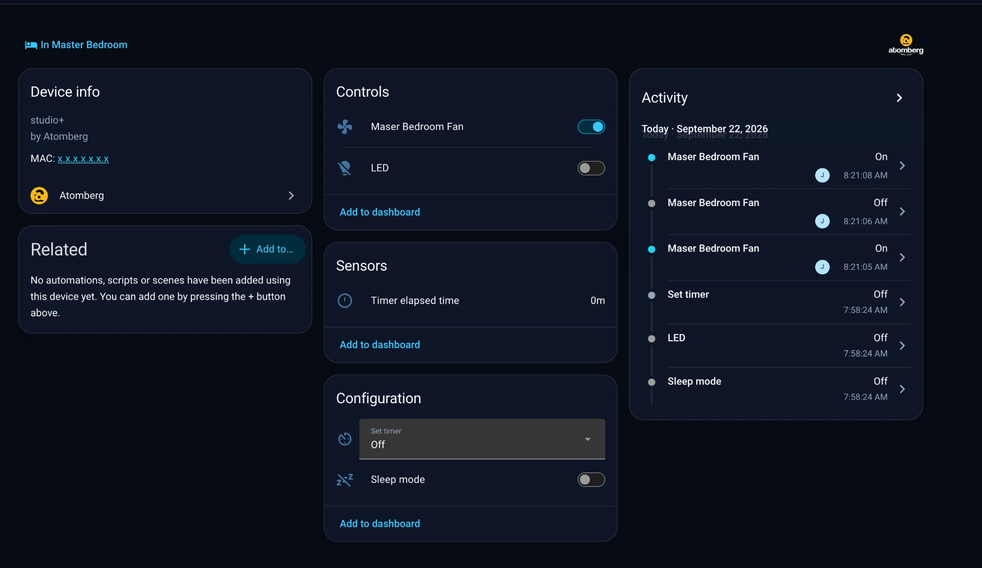Home Assistant's device page for one of the fans, showing the on/off and LED controls, a timer configuration, and today's activity log