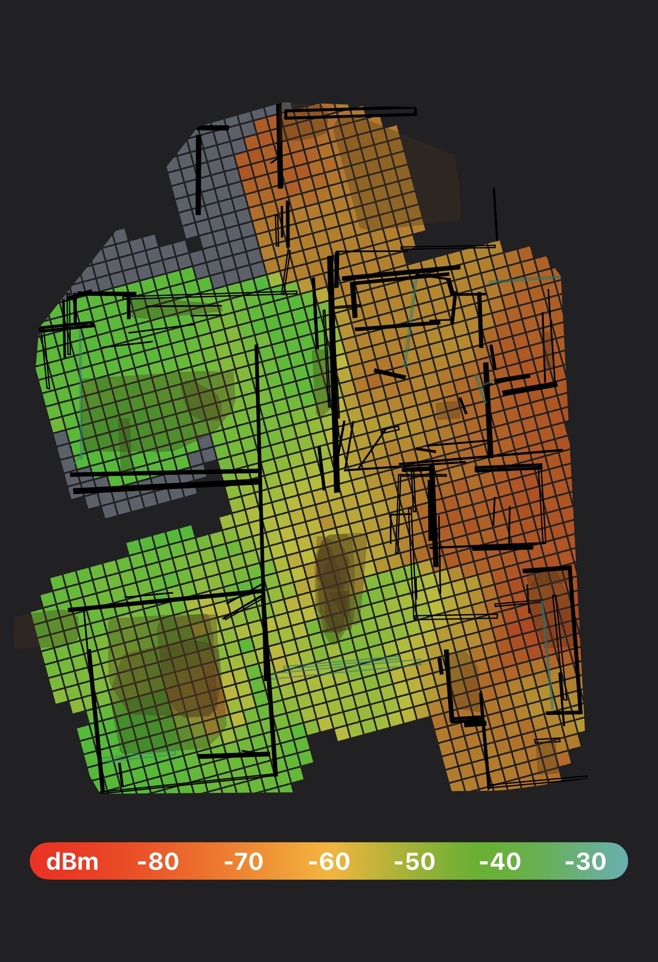 Wi-Fi heatmap after deploying the first in-wall access point, showing green coverage across most of the house