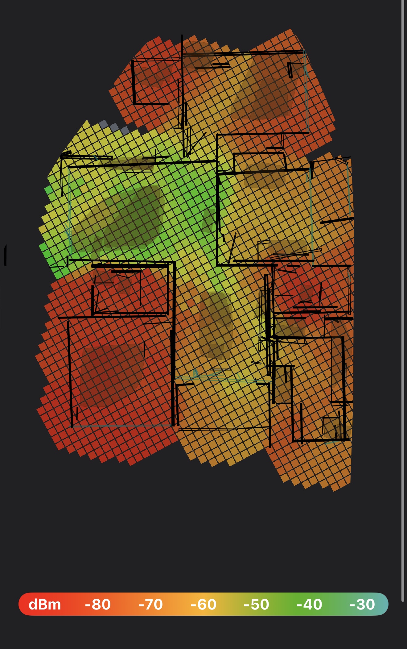 Wi-Fi heatmap of the house before the upgrade, showing large red and orange dead zones